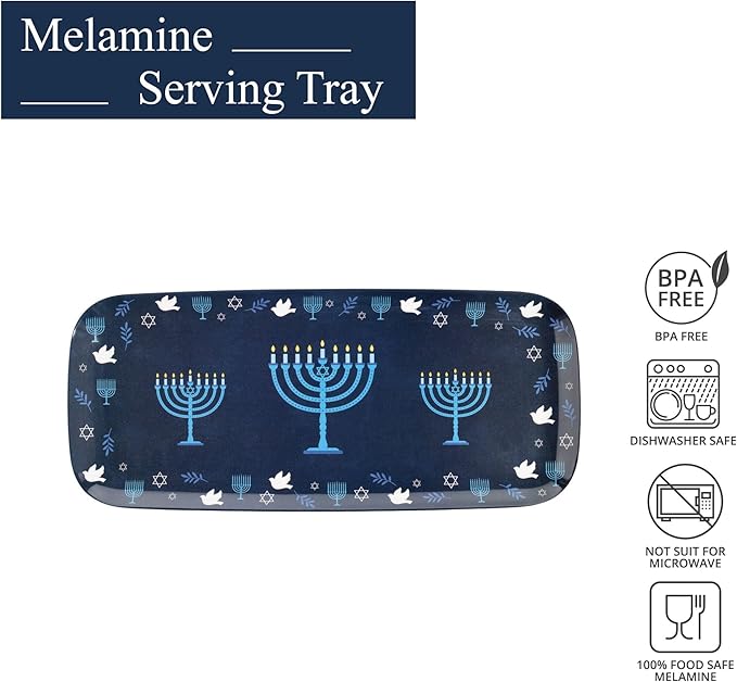 UPware Hanukkah Melamine Serving Tray, 15 x 6.5 Inch Rectangular Serving Platter, BPA Free Food Tray for Party Entertaining