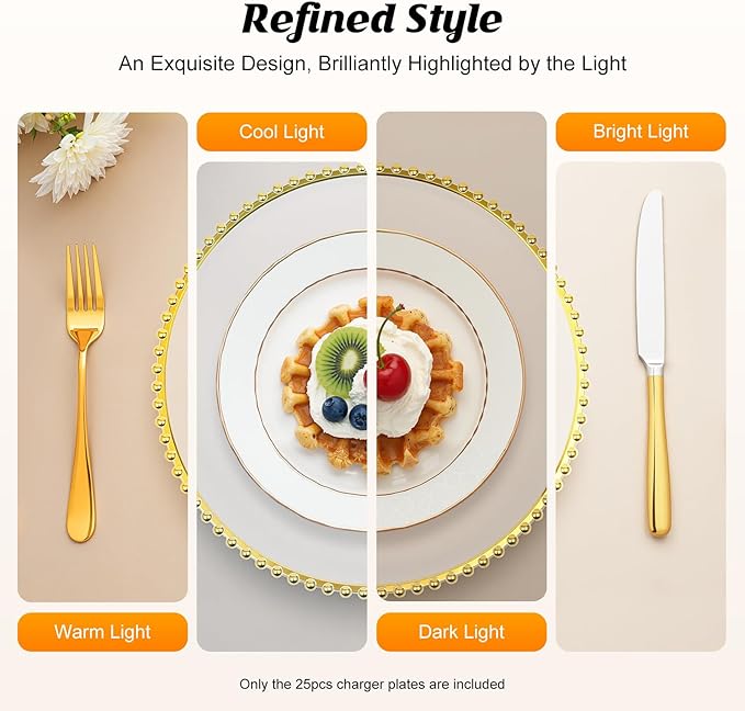 25 Pcs Clear Acrylic Round Charger Plates with Gold Trim Plastic Charger Plate Bulk for Dinner Table Plate for Parties Wedding Décor Placemats,13 Inch (25pcs-Gold-1)