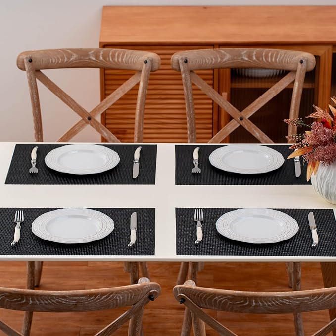 Placemats Set of 4, Heat Resistant Place Mats, Washable PVC Table Mats, Woven Vinyl Plastic Placemats for Dining Table, Non-Slip Stain Resistant Kitchen Table Placemats Easy to Clean?Black?