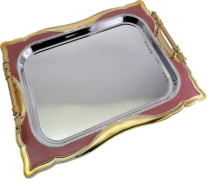 (Pack of 2) 20.1 inch x 15.4 inch Rectangular Floral Shape Decorative Style Chrome Plated Silver Serving Tray with Handles Floral Engraved Iron Gold Red Edge Party Platter TTL-024