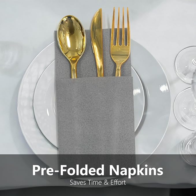 Dove Grey Linen Feel Napkins with Flatware Pocket, 50 Pack Cloth Like Pre-Folded Napkins for Silverware, Guest Hand Towel for Dinner Party Wedding Decoration (16. x 15.5 inch)