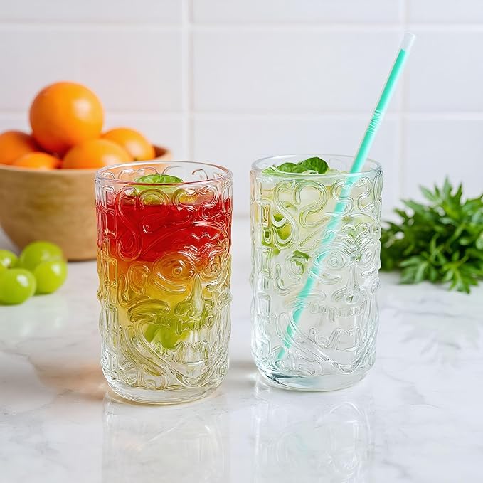 Clear Glass Drinking Glasses Set of 2 Tiki Drinking Glasses Cups 14.5oz for Cocktails,Water,Juice,Beer,Wine Mojito Cups, Cocktail Glass, Bar Glassware Set for Cocktail, Beer, Whiskey