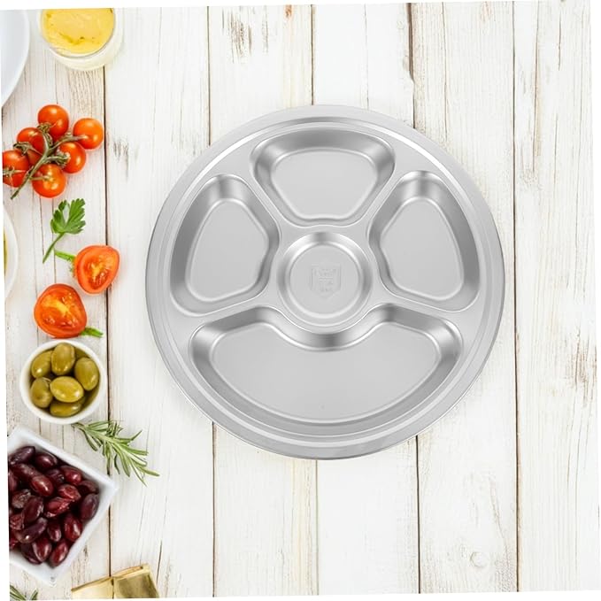 Garneck 1pc Divided Stainless Steel Food Plate Compartment Serving Tray for Breakfast Lunch and Dinner Stackable Moisture-retaining Design
