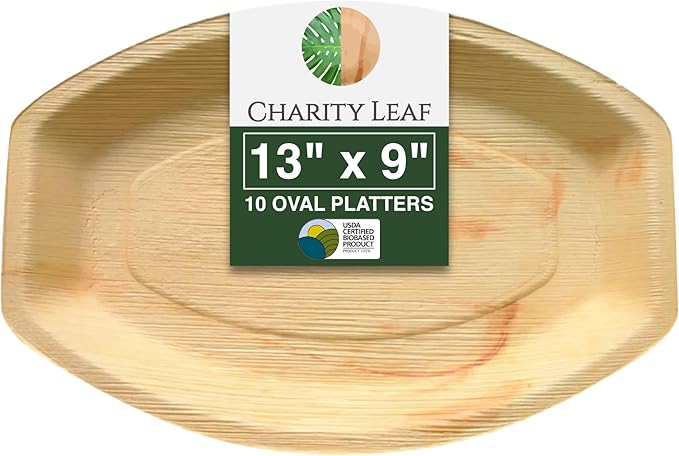 Charity Leaf Disposable Palm Leaf 13" x 9" Trays (10 pieces) Bamboo Like Serving Platters, Disposable Boards, Eco-Friendly Dinnerware For Weddings, Catering, Events