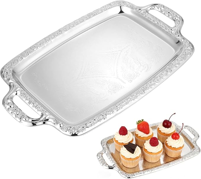 Large Silver Serving Tray for Party,Floral Engraved Serving Platters with Handles,Vintage Stainless Steel Tea Trays for Party,Rectangular Decorative Mirror Plates for Appetizer,Charcuterie,Wedding