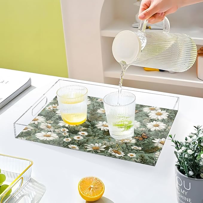 Serving Tray with Handles Clear Acrylic Tray 12x16 Inch Decorative Rectangular Tray Organizer for Ottoman Coffee Table Bathroom Summer Daisy Butterfly Green