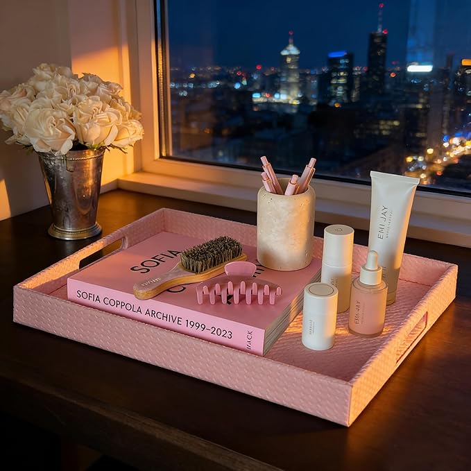 HofferRuffer Rectangle Serving Tray with Hole Handles for Coffee Table, Breakfast, Tea, Food, Butler - Countertop, Kitchen, Vanity Serve Tray, 16.2 x 12.2 x 2 inches, Faux Leather (Pink)