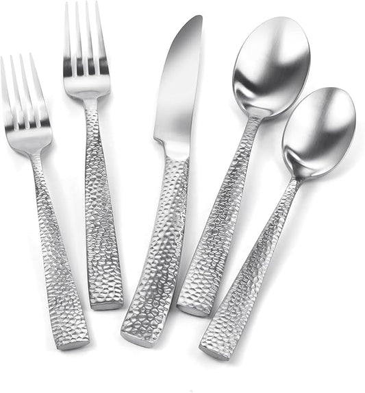 Matte Silver Hammered Flatware Set Stainless Steel Silverware Set 20 Pieces Cutlery Set Service for 4