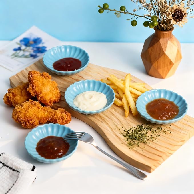 Gaolinci 3.5 Inches Flower Shape Ceramic Sauce Dish,Mini Side Seasoning Dish,Snack Serving Dishes,Porcelain Small Saucer Set(Set of 4)