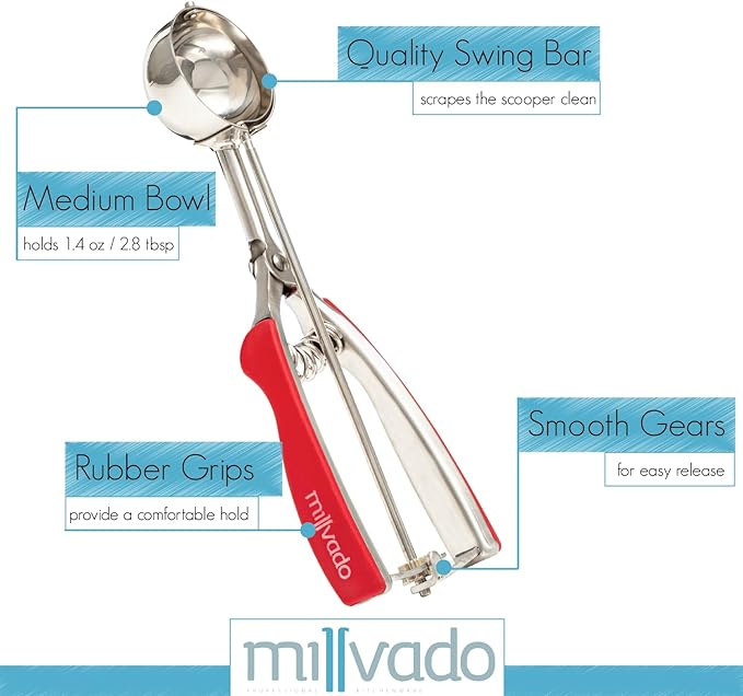 Ice Cream Scooper With Trigger - Stainless Steel Round Food Scooper For Ice Cream, Cupcake Batter, Mashed Potato And Rice Scoops - Medium Food Disher With Red Comfy Grip And Release Trigger
