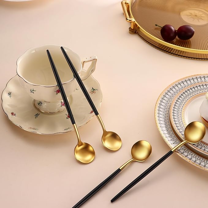 7.95 Inches Satin Gold SS18/10 Long Stirring Spoons With Black Handle,Elegant Iced Tea Spoons,Long Handle Mixing Spoons For Coffee,Cocktail,Ice Cream,Milk