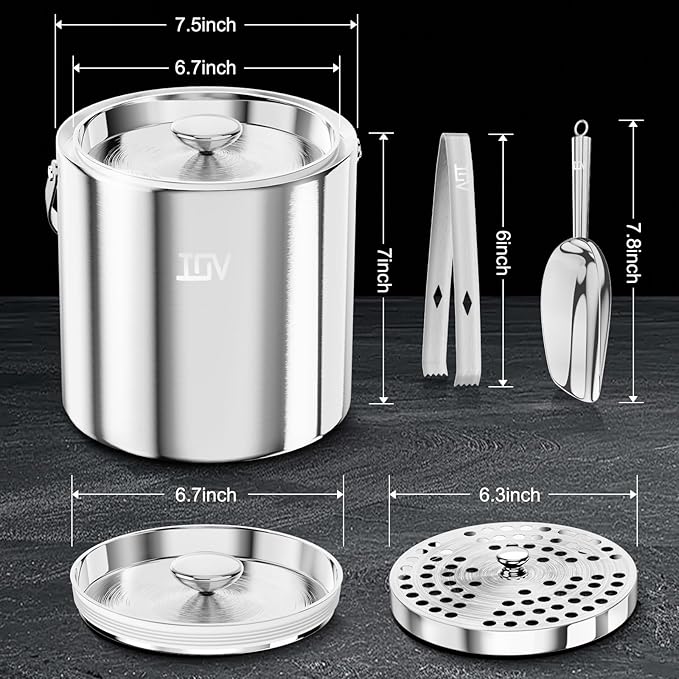 IOV Ice Bucket with Lid, Scoop, Tongs, and Strainer, 3 L Stainless Steel Double Wall Insulated Ice Bucket for Parties, Keeps Ice Frozen Longer, Ideal for Cocktail Bars, Freezers, and Wine - Silver