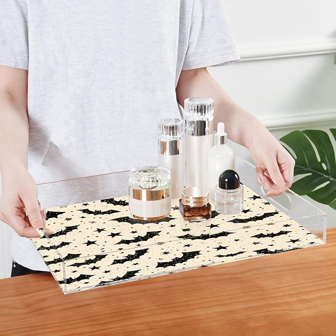 Serving Tray with Handles Clear Acrylic Tray 12x16 Inch Decorative Rectangular Tray Organizer for Ottoman Coffee Table Bathroom Halloween Bats and Stars