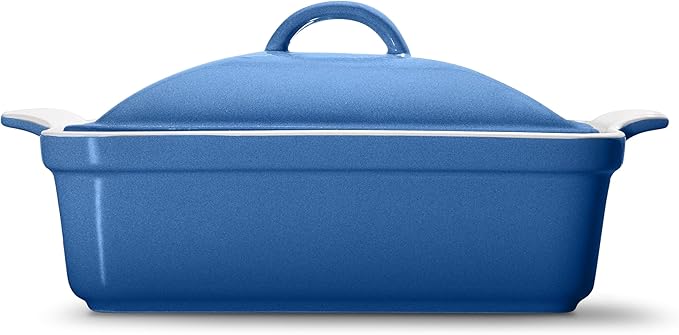 Stoneware Casserole Dish Bakeware with Lid | Covered Square Dinnerware | Large 2.5Quart, [Reactive Blue]