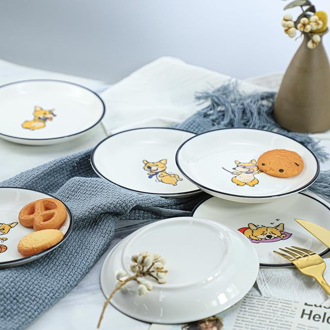 Cute Cartoon Animals Pattern Ceramic Sauce Dishes, Seasoning Dishes, Sushi Soy Dipping Bowls, Appetizer Plates, Dessert Plates, Little Cat Bird Feeding Bowls, Set of 6-Cute Corgi-5 Inch