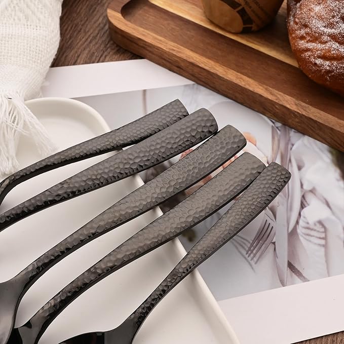 Serving Utensils Set, 5-Piece 18/8 Stainless Steel Hostess Serving Set, Elegant Hammered Serving Utensils for Home Restaurant and Buffet Catering, Heavy and Mirror Polished, Black