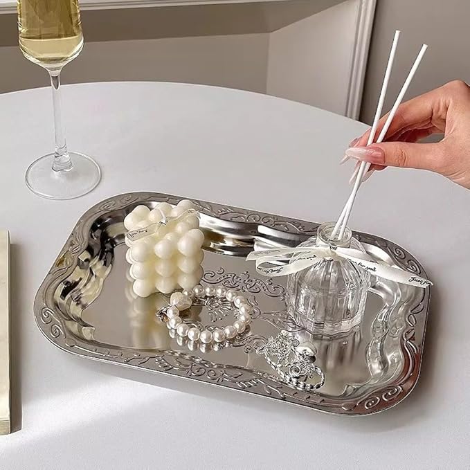 Stainless Steel Dessert Plate Vintage Embossed Cake Tray Jewelry Storage Organizer Snack Plate Serving Plate Tableware