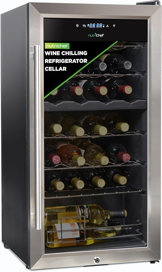 Nutrichef 28 Bottle Wine Fridge - Dual Zone Wine Chiller, Adjustable Temperature 41°F to 64°F, Ultra Quiet Operation, Free Standing Wine Cooler For Home, & Office, 33 x 11 x 26 IN (Black)
