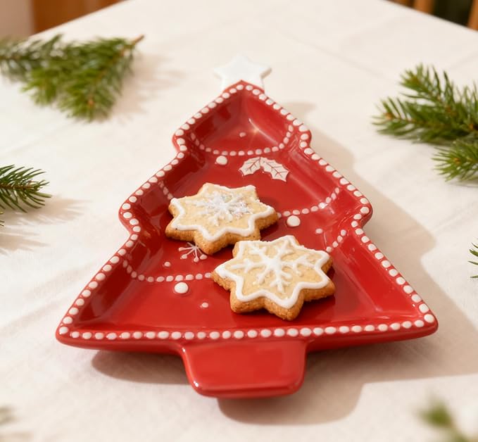 12 Inches Snacks Appetizer Trays Set, Christmas Tree Dessert Porcelain Serving Dishes, Snack Platter, Food Cereal Salad Tray, Red Xmas High Relief Ceramic Plate - Star