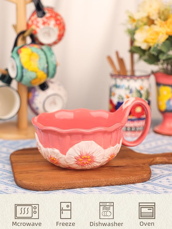 silesia Handmade Ceramic Soup Bowl, 30 oz Hand Painted Bowl with Loop Handle, Floral Design Cereal Bowl for Soup, Ice cream, Snack, Microwave & Dishwasher Safe (Pink)