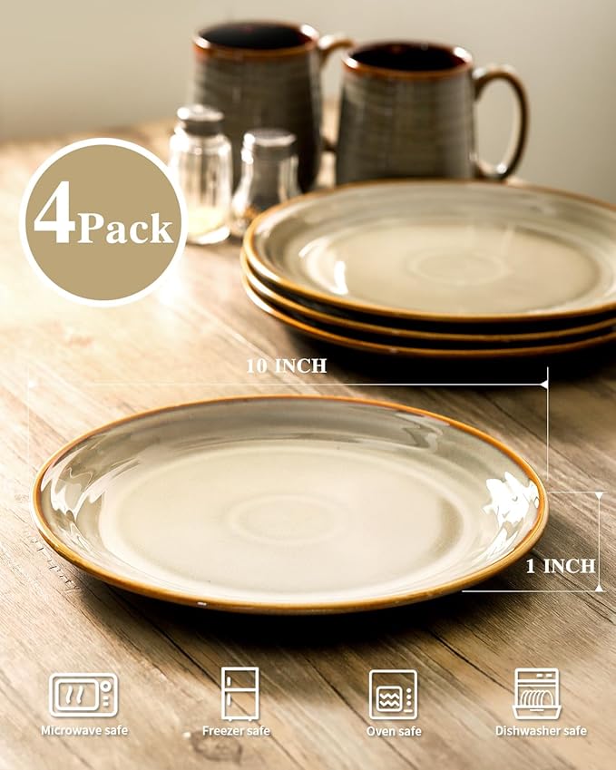 HASENSE Porcelain Dinnerware Set of 4, 10 Inch Ceramic Dinner Plates Set of 4 for Kitchen Counter, Large ceramic Dishes Set for Steak, Salad and Dinner, Microwave and Dishwasher Safe, Brown
