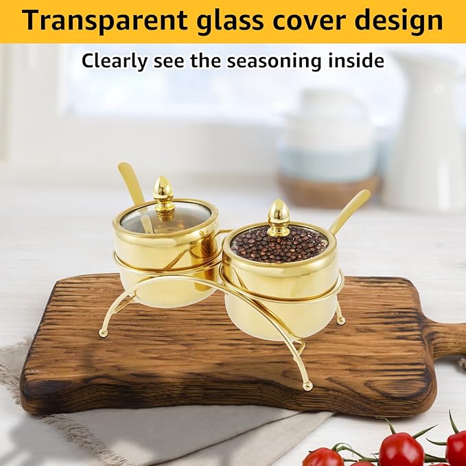 Stainless Steel Sugar Bowl Set with Clear Glass Lid Bracket Rustproof Seasoning Box Smooth Condiment Pots Compact Sugar Container Reusable Seasoning Jar Spice Container for Salt Candy QQIKUUF(golden)