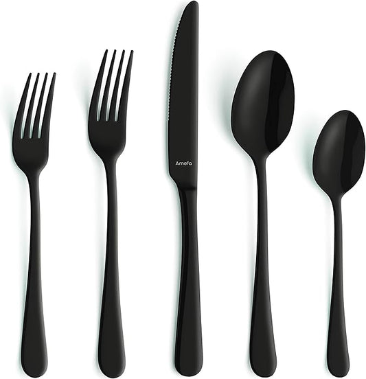 Amefa Austin 18/0 Stainless Steel Flatware Set - Matte Black 20-Piece Knife, Fork, and Spoon Cutlery - Service for 4 - Modern Silverware Set