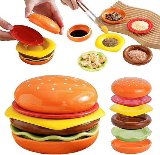 Ceramic Hamburger Plates Set, Stackable Burger 6-Layer Mini Dessert Appetizer Dinner Plates, Novel Tableware Gift (Orange)