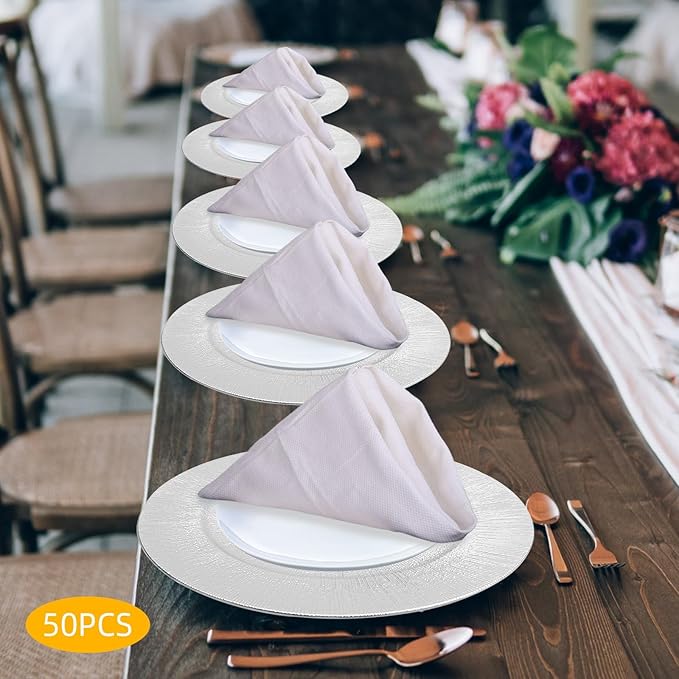 50 Pcs Antique Charger Plates Bulk 13 Inch Embossed Rim Plastic Party Dinner Plate Chargers Round Decorative Server Plate for Wedding Party Event Tableware (50pcs-Silver-2)
