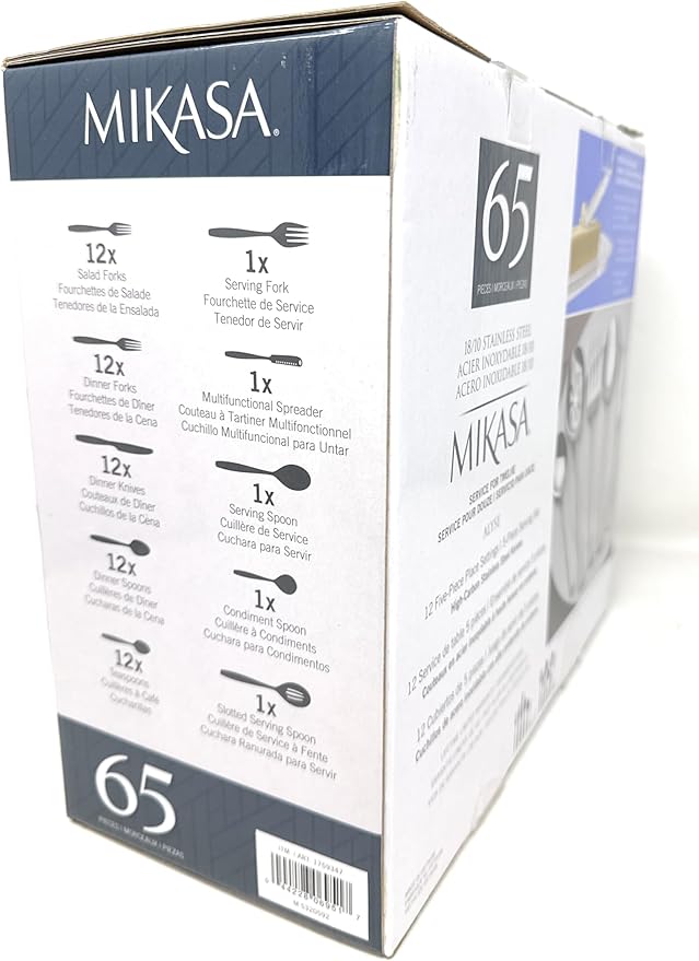Mikasa, Alyse Flatware Service for 12, 65 Piece Set, 18/10 Stainless Steel, Silverware Set with Serving Utensils