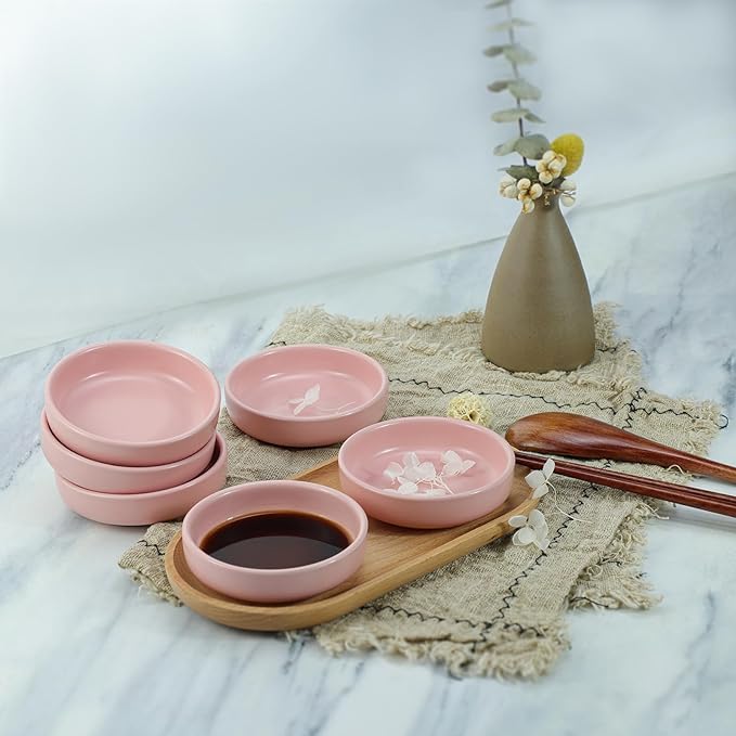 Colias Wing 3.5 Inch Simple Style Single Color Pattern Stylish Design Multipurpose Porcelain Side Dish Bowl Seasoning Dishes Soy Dipping Sauce Dishes-Set of 6-Pink