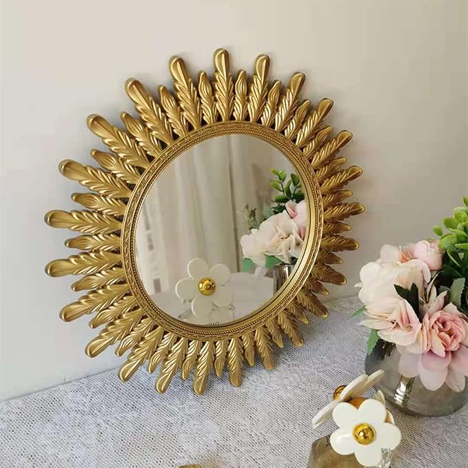 Ham Hamphinee Feather Mirror Tray, Decorative Wall Mirror, Vintage Home Décor for Living Room, Kitchen, Bedroom, or Hallway, for Table Top or Wall Hanging Display, 12”X12”, Gold