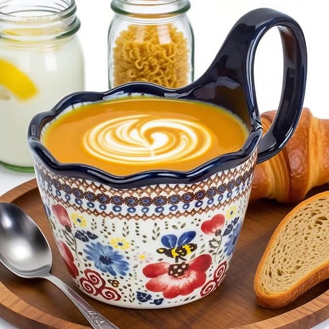 OZY Handpainted Soup Bowl with Handle,Ceramic Cereal Bowl Great for Soup, Ice cream, Fruits,Snack,Microwave &Dishwasher Safe (Honey picking,Spoon)