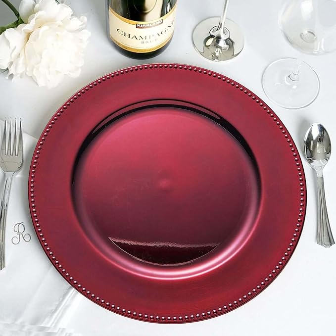 13" Charger Plates -Set of 12 - Acrylic Burgundy Round Beaded Disposable Chargers, Ideal for Dinner Party Wedding Bulk Events Tabletop Decoration