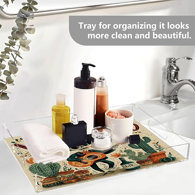 Serving Tray with Handles Clear Acrylic Tray 12x16 Inch Decorative Rectangular Tray Organizer for Ottoman Coffee Table Bathroom Mexico Skull Guitar Cactus Beige