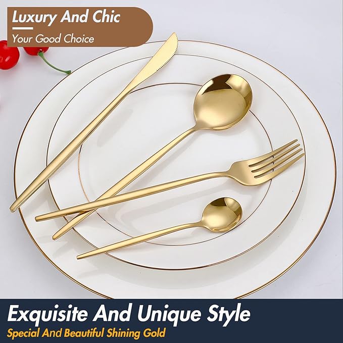 24-Piece Gold Silverware Set Gold Flatware Set for 6, Gold Spoons and Forks Set, Stainless Steel Gold Cutlery Set for Home Kitchen Restaurant Wedding, Mirror Polished Utensils Set, Dishwasher Safe