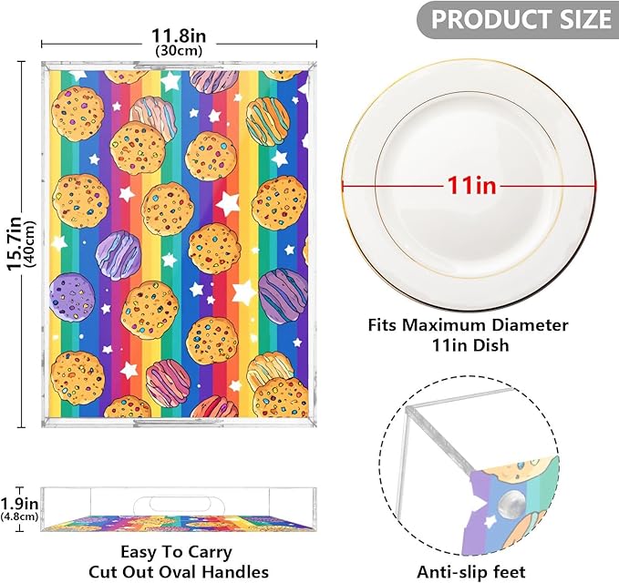 Serving Tray with Handles Clear Acrylic Tray 12x16 Inch Decorative Rectangular Tray Organizer for Ottoman Coffee Table Bathroom Rainbow Stripes Cookies Stars
