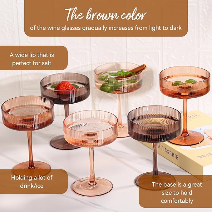 Cyrelwing 9 oz Brown Coupe glasses Set of 6-Hand Blown Venus ribbed vintage coupe glasses-Brown martini glasses for espresso dessert