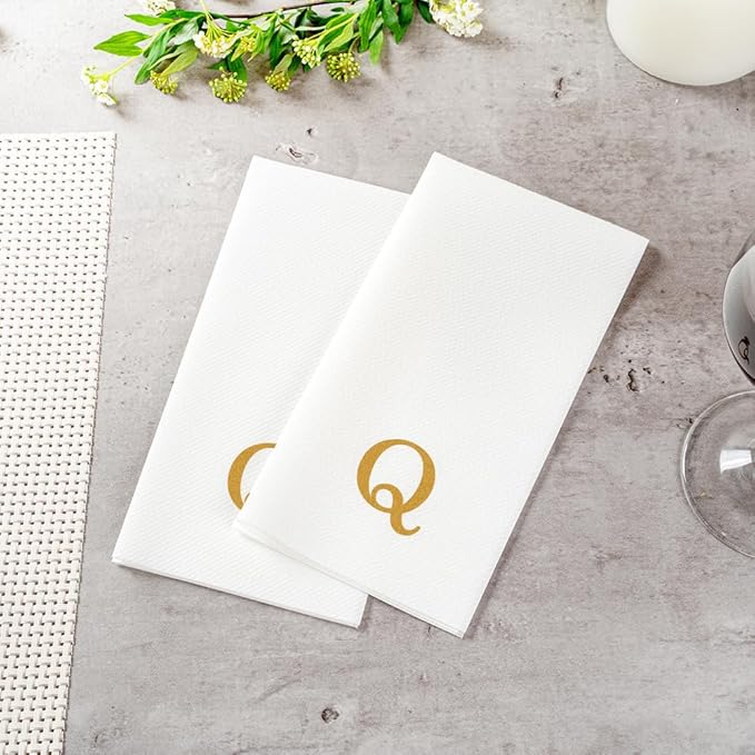 Luxenap 15.8 X 7.9 Inch Linen-Feel Guest Towels, 2000 Lettered Hand Towels - Gold Letter 'Q', Sans Serif Font, White Paper Dinner Napkins, airlaid, For Restrooms And Tables