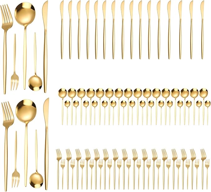 90 Pcs Gold Silverware Set for 18, Gold Flatware Set Stainless Steel Flatware Kitchen Cutlery Serving Utensil Set Forks Spoons And Knives Teaspoons Salad Forks Sets for Home Hotel Party