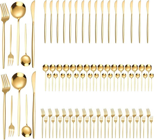 90 Pcs Gold Silverware Set for 18, Gold Flatware Set Stainless Steel Flatware Kitchen Cutlery Serving Utensil Set Forks Spoons And Knives Teaspoons Salad Forks Sets for Home Hotel Party