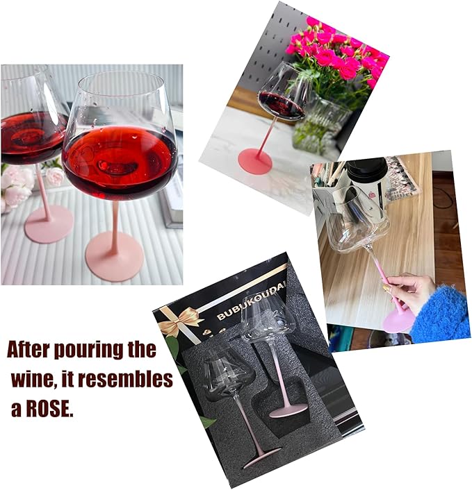 Crystal Wine Glasses Set of 2 with Gift Box. Dishwasher Safe. 24oz Large Pink Wine Glasses with Long Stem for Women.Hand-Blown,Thin Rim. Gift for Wife,Girlfriend,Mom.Unique & Modern Design
