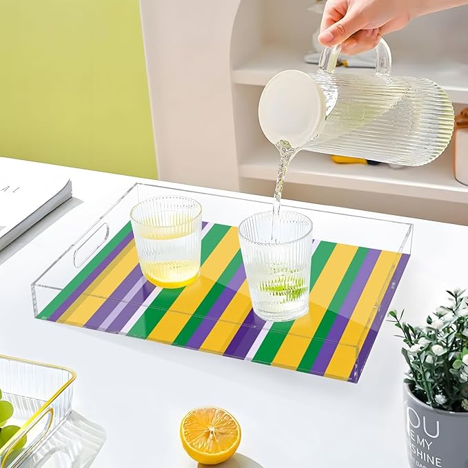 Serving Tray with Handles Clear Acrylic Tray 12x16 Inch Decorative Rectangular Tray Organizer for Ottoman Coffee Table Bathroom Mardi Gras Stripe Purple Yellow