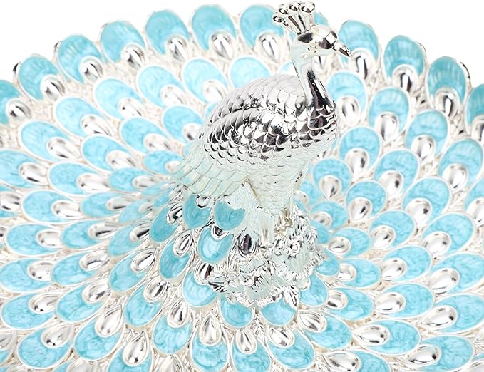 Asixxsix Decorative Serving Tray, Zinc AlloyPeacock Shape Fruits Serving Tray Candy Dish Cookie Storage Bowl, Jewelry Tray Ring Holder, Jewelry Organizer Trinket Holder for Wedding (Silver Light