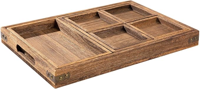 Yangbaga Rustic Wooden Serving Trays with Handle - Set of 7 Rectangular Platters for Entertaining, Breakfast, Coffee Table, Home Decor