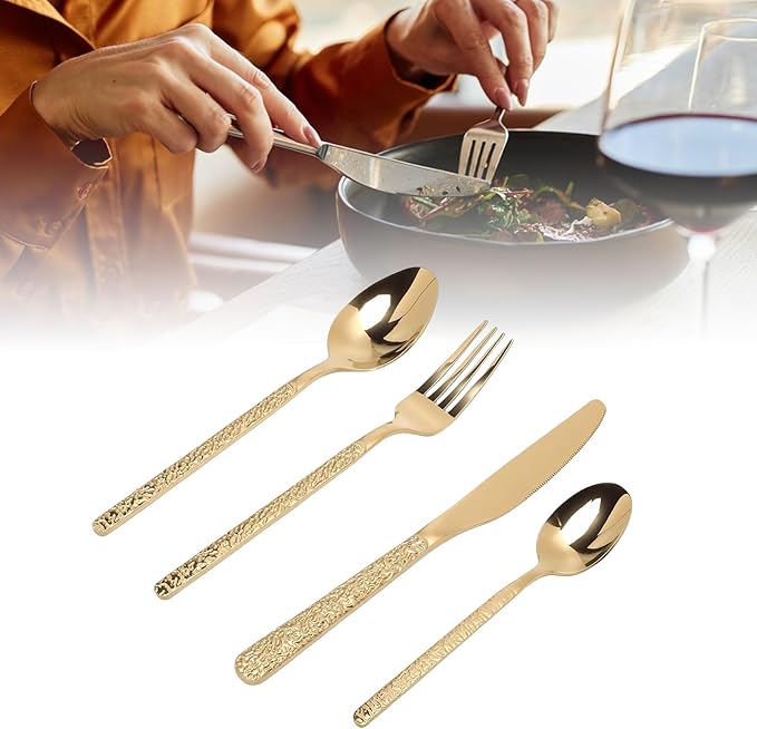 Pssopp 6 Piece Stainless Steel Cutlery Set, Serving Sets Forks Spoons for Restaurant Wedding Party Home (Stone Pattern Gold)
