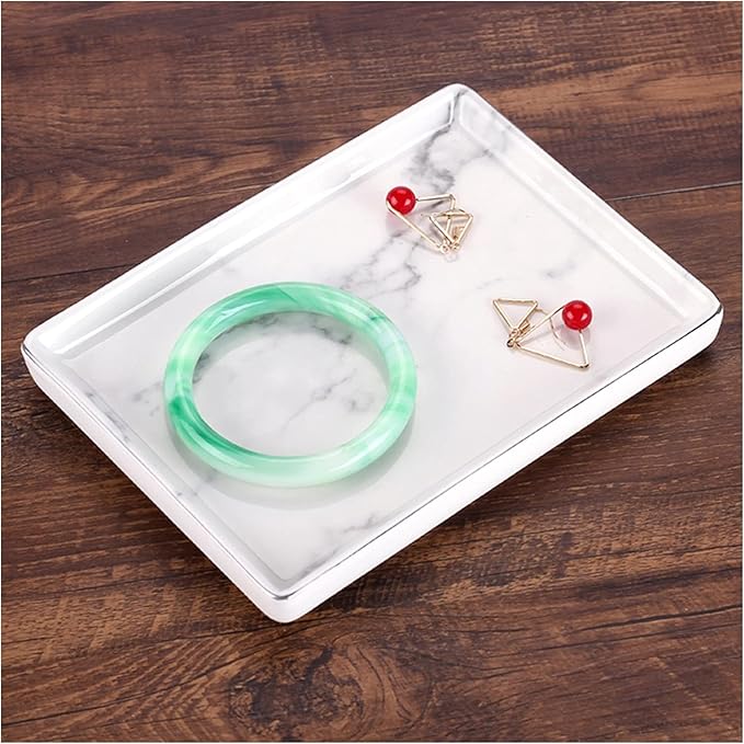 Tray Coffee Table Serving Tray Ceramics White Marble Finish with Silver Edge for Living Room Bedroom Decoration 7 Inch Serving Tray