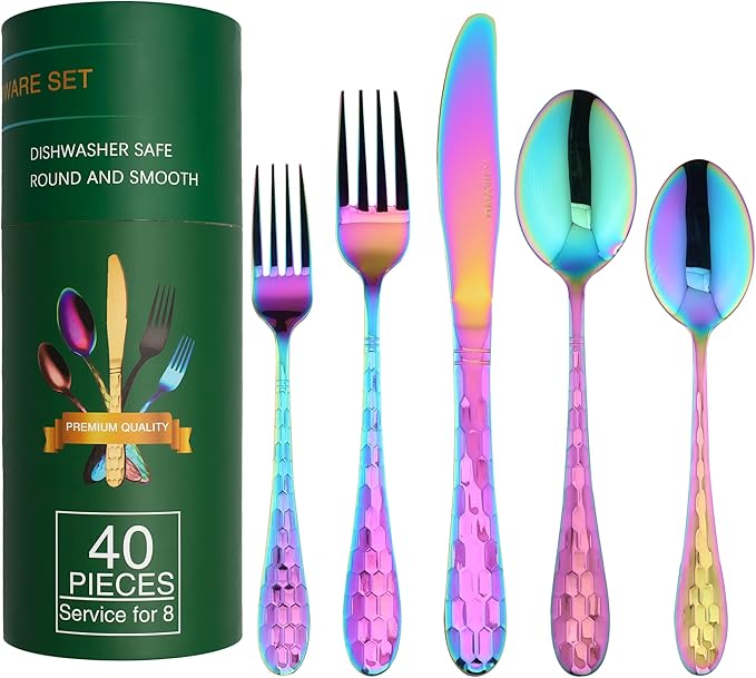 Rainbow Flatware Cutlery Silverware Set 40 Pieces, 18/10 Stainless Steel Colorful Utensils, Tableware Flatware Set Service for 8, Include Knife/Fork/Spoon, Mirror Polished, Dishwasher Safe (Rainbow)…