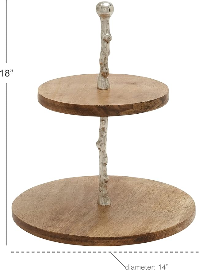 Deco 79 Mango Wood Tiered Server with Aluminum Accents, 14" x 14" x 18", Brown