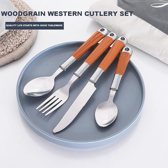 24-Piece Silverware,Service for 6，Woodgrain 410 Stainless Steel Portable Serving Set,Well Made，Ergonomic，Durable，Family Gatherings，Picnic，Everyday Household，Mirror Finish, Gift Box